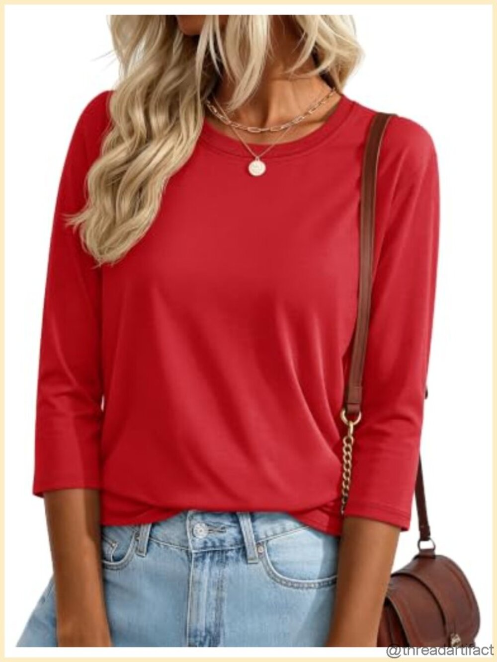 Womens 3/4 Sleeve Cotton Blend Crew Neck Casual T-Shirt Top